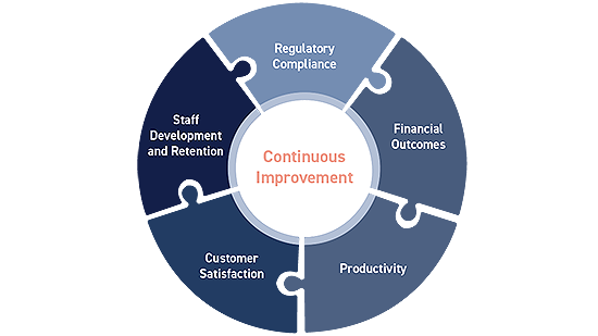 Continuous improvement-compliance-financial-productivity-satisfaction-staffing