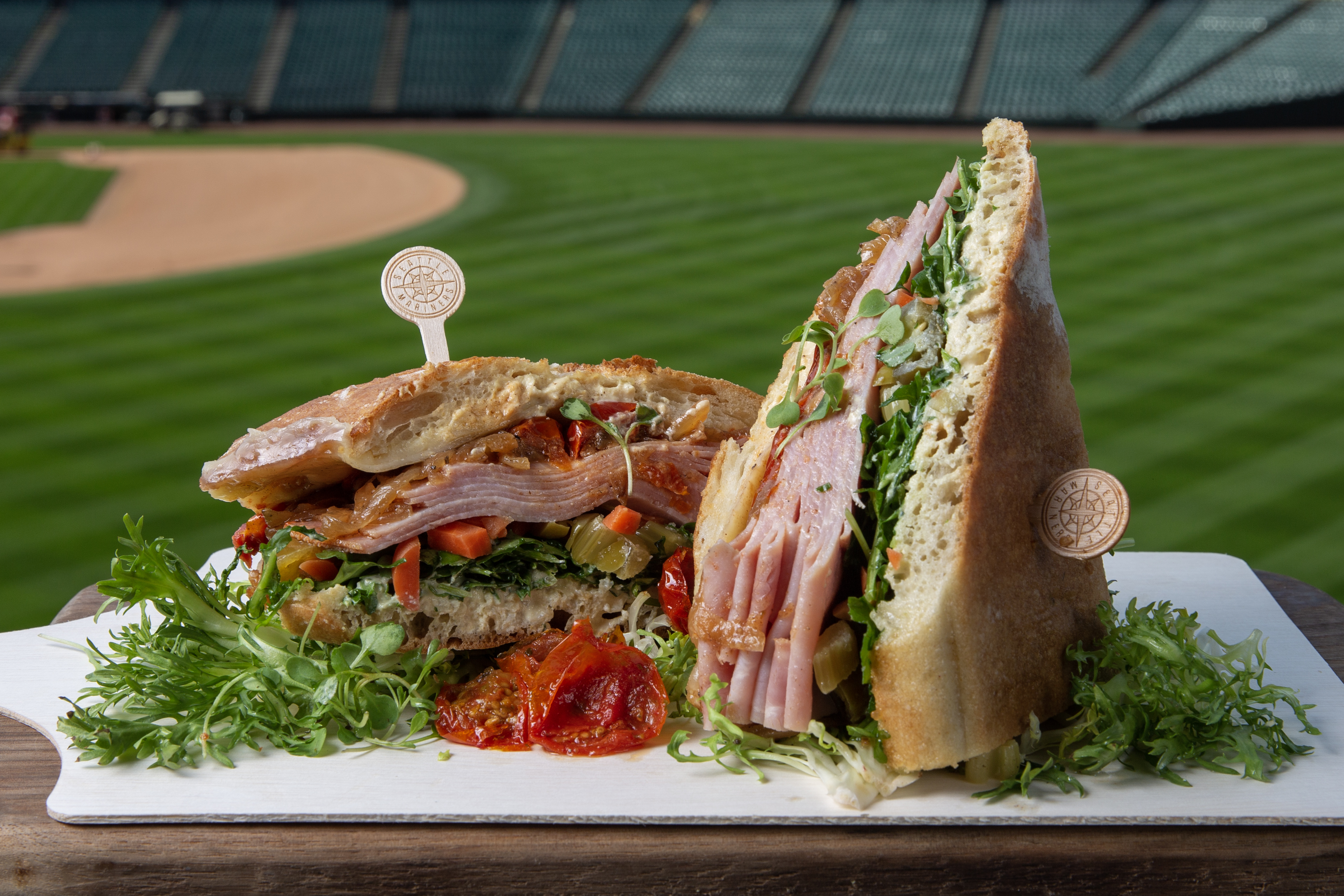 Large ham sandwich at baseball stadium